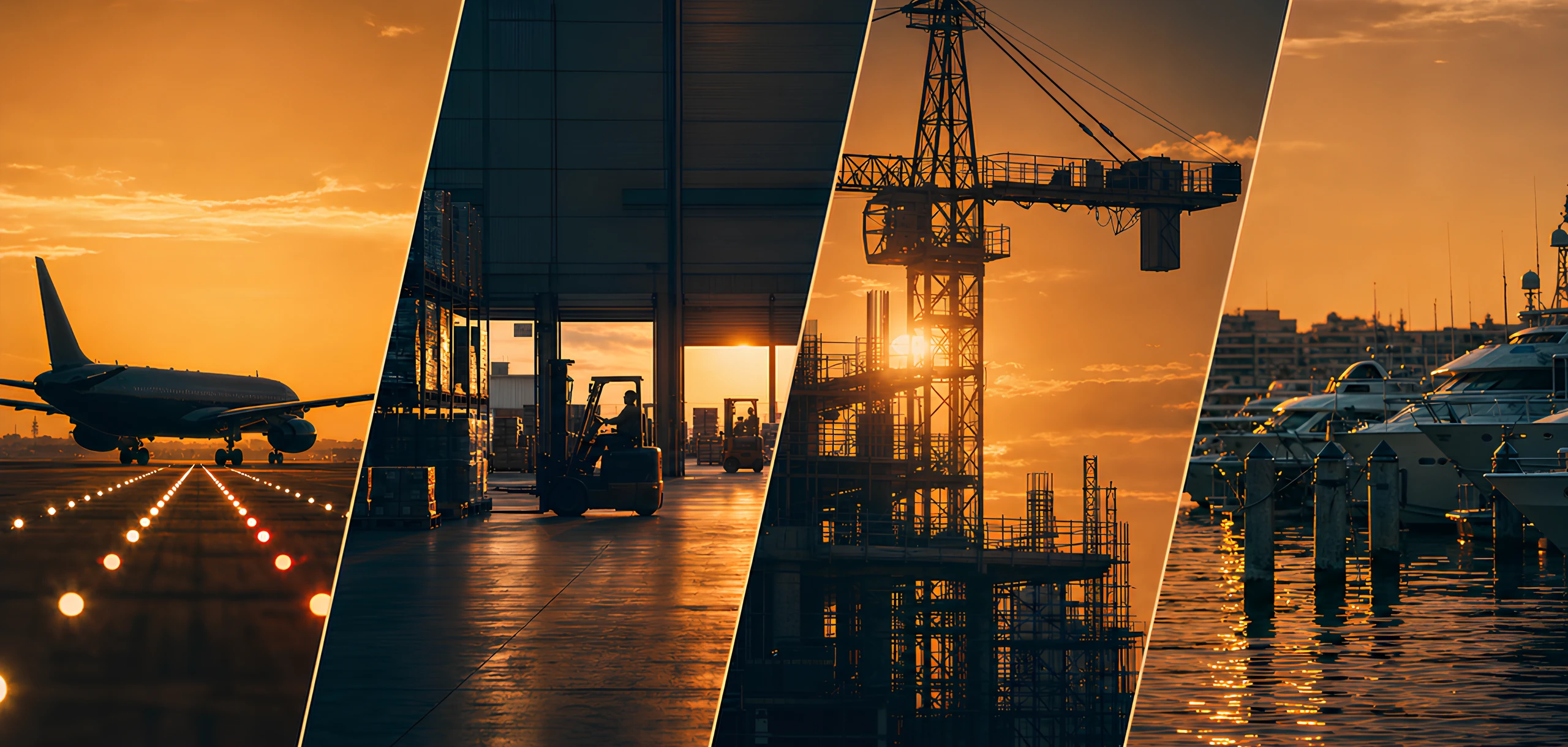 Dört bölmeli bir kare: iniş yapan bir uçak, depo içinde forklift, gün batımında bir liman vinci ve bir marina iskelesi.